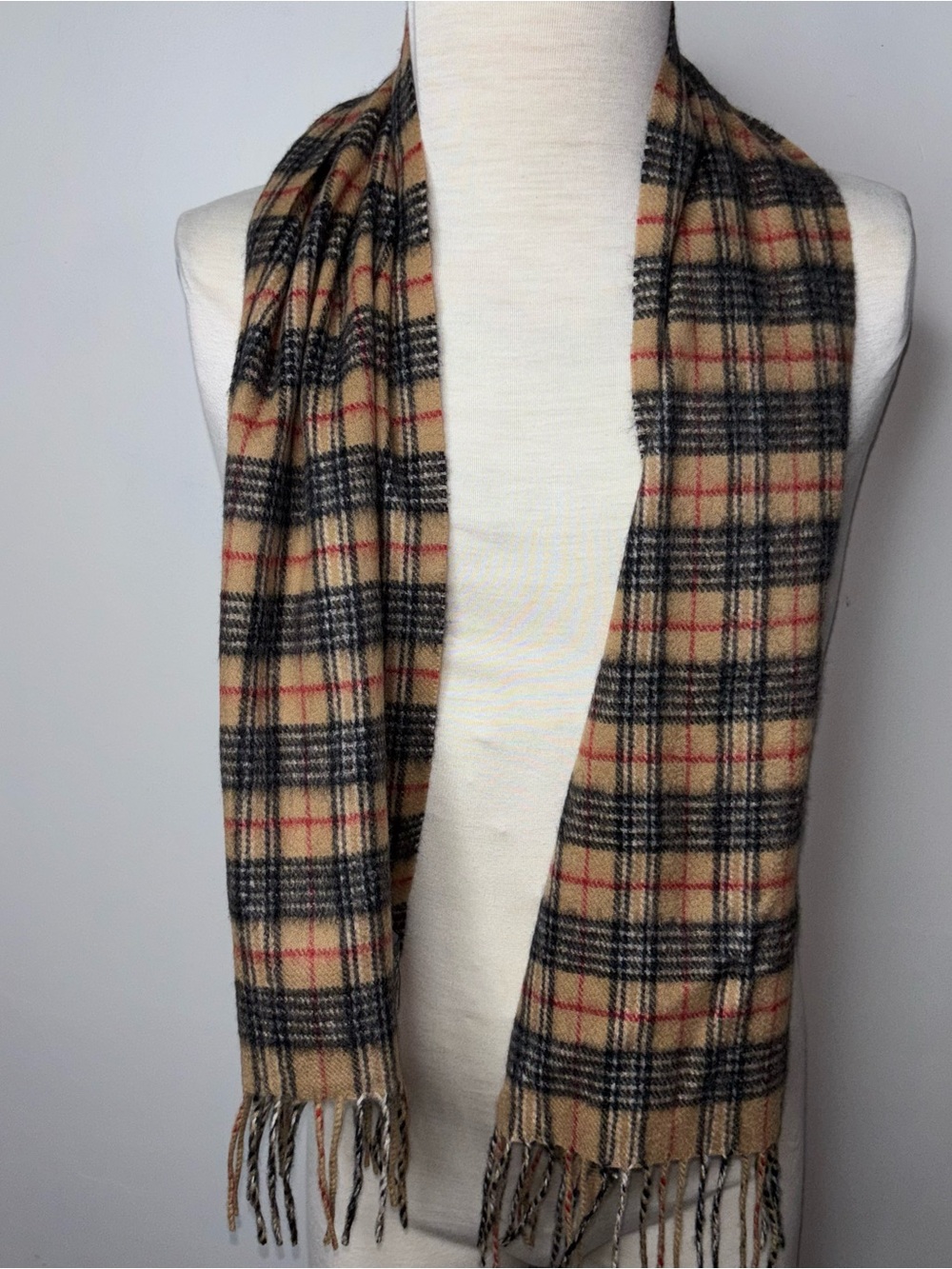 Geoffrey Beene 100% Pure Cashmere Scarf Brown Plaid Fringe Inner Mongolia - Picture 5 of 7